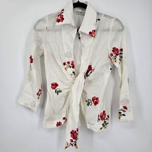 Neiman Marcus White Tie-Front Blouse with Pink & Red Floral Embroidery